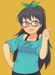  :d bespectacled black_hair blue_eyes blush bow commentary_request female ganaha_hibiki glasses hairbow hand_on_own_hip highres idolmaster idolmaster_(classic) oerba_yun_fang open_mouth oza_watto ponytail red-framed_eyewear simple_background smile solo 