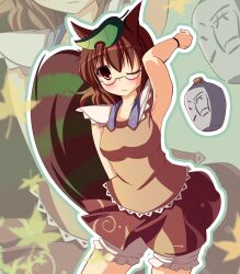  :3 animal_ears arm_up armpits bloomers breasts brown_eyes brown_hair commentary_request female futatsuiwa_mamizou glasses highres leaf leaf_on_head liya medium_breasts one_eye_closed photoshop_(medium) raccoon_ears raccoon_tail shirt short_hair skirt sleeveless sleeveless_shirt solo tail touhou underwear zoom_layer 