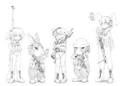  3girls :3 airsoft animal_ears anti-materiel_rifle assault_rifle battle_rifle bipod boots botasky cat_shit_one commentary_request crossover fn_scar fn_scar_16 greyscale gun h&amp;k_hk417 headphones heckler_&amp;_koch highres inaba_tewi iris_(material_sniper) kusaba_(kusabashiki) load_bearing_vest long_hair m4_carbine m60 machine_gun material_sniper military_operator monochrome multiple_girls night_vision_device no_pants optical_sight packy panties ptrs-41 rabbit reisen_udongein_inaba rifle scope short_hair sniper_rifle touhou transparent_background trigger_discipline underwear vertical_foregrip vest weapon 