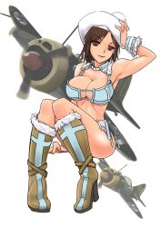  aircraft airplane armpits bikini boots breasts brown_eyes cleavage commentary_request copyright_request cowboy_hat cowboy_western f2a_buffalo female finland full_body fur_trim hat large_breasts military motion_blur red_eyes side-tie_bikini_bottom solo swimsuit tokihama_jirou underboob world_war_ii 