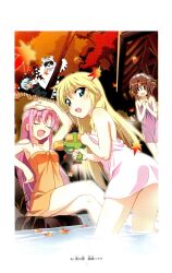  3girls alternate_hairstyle ass ayasaki_hayate blonde_hair blush brown_hair closed_eyes hayate_no_gotoku! highres katsura_hinagiku legs long_hair looking_back maria maria_(hayate_no_gotoku!) multiple_girls nude pink_hair sanzen&#039;in_nagi smile tama tama_(hayate_no_gotoku) thighs towel 