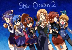  &gt;_&lt; ashton_anchors blue_hair breasts celine_jules chisato_madison claude_kenni cleavage crescent_moon dias_flac ernest_raviede hairband leon_geeste moon oerba_yun_fang opera_vectra pantyhose pointy_ears precis_neumann prince_clauzer purple_hair rena_lanford short_hair shorts sky star star_ocean star_ocean_the_second_story stars sunglasses thighhighs welch_vineyard wink 