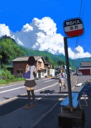  2girls bad_id bad_pixiv_id bag bench black_hair black_legwear black_socks black_thighhighs blue_bag blue_sky bow bowtie brown_footwear brown_hair bus bus_stop cloud day feline from_behind full_body grass grey_skirt highres kneehighs looking_at_another matsura_ichirou motor_vehicle multiple_girls open_mouth original outdoors pleated_skirt power_lines real_world_location red_bow red_bowtie rural scenery school_bag school_uniform shade shadow shirt short_sleeves skirt sky socks teeth thighhighs town tree upper_teeth_only waving white_cat white_shirt zettai_ryouiki 