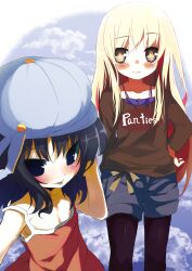  2girls :p absurdres bad_id bad_pixiv_id black_legwear blonde_hair blue_eyes blue_hair blush collarbone hat highres multiple_girls original pantyhose pantyhose_under_shorts shimejinameko shorts smile tongue tongue_out yellow_eyes 