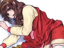  brown_hair cape coat commentary_request female green_eyes hairband lilka_eleniak long_hair low-tied_long_hair lying mutsugusa on_side red_cape skirt solo thighhighs white_background white_thighhighs wild_arms wild_arms_2 yellow_hairband 