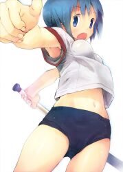  anshinmama armpit_peek armpits baseball_bat blue_buruma blue_eyes blue_hair buruma commentary_request female fingernails foreshortening from_below gym_uniform hands mahou_shoujo_madoka_magica mahou_shoujo_madoka_magica_(anime) midriff miki_sayaka navel open_mouth short_hair solo up_sleeve upshirt 