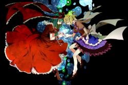  2girls arm_warmers blonde_hair closed_eyes commentary_request darkness dress forehead-to-forehead front_ponytail green_hair hair_ribbon heads_together holding_hands kagiyama_hina kuzumiya_yuyu mizuhashi_parsee multiple_girls red_dress ribbon scarf shirt skirt touhou wrist_ribbon 