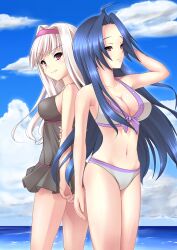  2girls back-to-back bad_id bad_pixiv_id bikini blue_hair breasts casual_one-piece_swimsuit cleavage front-tie_top grey_hair hairband highres idolmaster idolmaster_(classic) ishibashi large_breasts long_hair miura_azusa multiple_girls one-piece_swimsuit red_eyes shijou_takane swimsuit white_hair 