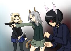  3girls aleksandra_i._pokryshkin animal_ears bear_ears bear_girl black_hair black_pantyhose blonde_hair blue_eyes brave_witches commentary_request crowbar edytha_rossmann fox_ears fox_girl fox_tail glowing glowing_eyes grey_hair gun hairband holding holding_crowbar long_hair michigan military military_uniform multiple_girls one_eye_closed open_mouth pantyhose rabbit_ears rabbit_girl shimohara_sadako short_hair skirt smile tail uniform weapon world_witches_series wrench 