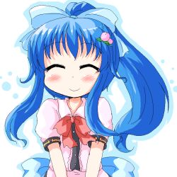  ^_^ alternate_hairstyle blue_bow blue_hair blush bow closed_eyes commentary_request female food fruit geetsu hairbow hinanawi_tenshi jaggy_lines oekaki peach ponytail ribbon smile solo touhou upper_body 