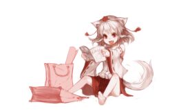  animal_ears bag bare_legs barefoot book commentary_request detached_sleeves feet female happy hat inubashiri_momiji junwool long_sleeves monochrome oerba_yun_fang open_mouth reading red_eyes shopping_bag sitting smile solo spot_color tail tokin_hat touhou white_hair wolf_ears wolf_tail 