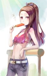  arm_support bad_id bad_pixiv_id bare_shoulders belt bikini bikini_top_only breasts brown_hair cloud commentary_request cowboy_shot denim eating female food frills from_side front-tie_top hair_ribbon high_ponytail holding idolmaster idolmaster_(classic) jeans leaning_back light_rays long_hair looking_at_viewer minase_iori navel outdoors pants ponytail popsicle pos_(shiratama-ya) red_bikini red_eyes ribbon sky small_breasts solo standing sunbeam sunlight sweat swimsuit translated tree 