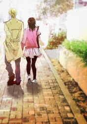  1boy alternate_form bad_id bad_pixiv_id bag basketweave beelzebub_(azazel-san) black_legwear blonde_hair blurry brown_hair coat couple female from_behind hand_in_pocket holding_hands koe_(51031783) pantyhose pavement photo_background photoshop_(medium) road sakuma_rinko skirt straight street walking yondemasu_yo_azazel-san. 