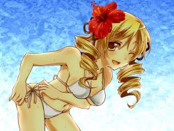  bad_id bad_pixiv_id bikini blonde_hair breasts drill_hair female flower hair_flower hair_ornament hibiscus long_hair mahou_shoujo_madoka_magica mahou_shoujo_madoka_magica_(anime) medium_breasts momo_minta one_eye_closed side-tie_bikini_bottom smile solo swimsuit tomoe_mami twin_drills twintails wet white_bikini yellow_eyes 