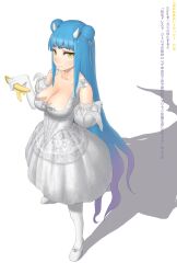  arm_behind_back bad_id bad_pixiv_id banana blue_hair breasts cleavage double_bun dress female food fruit gradient hair_bun highres horns large_breasts long_hair original photoshop_(medium) shadow shindan_maker shirajira solo translation_request yellow_eyes 