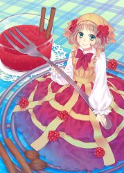  berry brown_hair circle_skirt commentary_request dress female food food-themed_clothes fork fruit green_eyes head_scarf mini_person minigirl original personification raspberry short_hair smile solo yamigo 