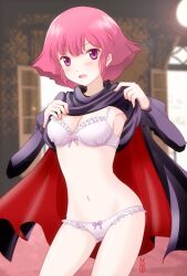  bad_id bad_pixiv_id blush bra breasts cape cleavage clothes_lift embarrassed female gundam gundam_zz haman_karn machinosuke medium_breasts open_mouth panties pink_hair purple_eyes shirt_lift short_hair solo underwear undressing white_bra 