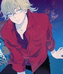  1boy 723_(tobi) aged_down bad_id bad_pixiv_id barnaby_brooks_jr. blonde_hair glasses green_eyes jacket male_focus red_jacket sitting solo teenage tiger_&amp;_bunny 