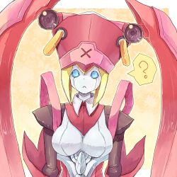  :&lt; ? android blazblue blonde_hair blue_eyes breasts citolo commentary_request earrings female frown hat hoop_earrings ignis_(blazblue) jewelry large_breasts pink_hat robot_ears short_hair solo yellow_background 