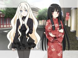  2girls alternate_costume black_hair black_legwear black_skirt blonde_hair blue_eyes blunt_bangs blush cross cross_necklace floral_print high-waist_skirt hime_cut japanese_clothes jewelry kani_biimu kimono kirishima_shizuku light_smile long_hair looking_at_another multiple_girls necklace official_art pantyhose photoshop_(medium) red_eyes red_kimono shitogi_eris skirt sono_hanabira_ni_kuchizuke_wo tree turtleneck very_long_hair wavy_hair 