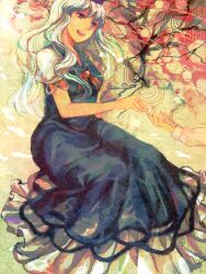  bad_id bad_pixiv_id blue_dress blue_eyes dress female finger_touching grey_hair hat kamishirasawa_keine long_hair open_mouth outstretched_hand shiontaso sitting smile solo_focus touhou 