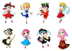  6+boys alice_margatroid alice_margatroid_(cosplay) apron black_shoes blue_dress bow chen chen_(cosplay) chibi cosplay crossdressing diamond_is_not_crash diavolo dio_brando dress earrings giorno_giovanna hairband hakurei_reimu hakurei_reimu_(cosplay) hat higashikata_jousuke houraisan_kaguya houraisan_kaguya_(cosplay) izayoi_sakuya izayoi_sakuya_(cosplay) jewelry jojo_no_kimyou_na_bouken kakyoin_noriaki kakyouin_noriaki kazami_yuuka kazami_yuuka_(cosplay) kirisame_marisa kirisame_marisa_(cosplay) kishibe_rohan kujo_jotaro kuujou_joutarou long_skirt male male_focus multiple_boys narancia_ghirga pink_hair plaid plaid_skirt pompadour red_dress red_shoes shameimaru_aya shameimaru_aya_(cosplay) shoes short_cape skirt socks stardust_crusaders touhou umbrella vento_aureo white_legwear wide_sleeves witch_hat 