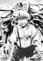  angry bad_id bad_pixiv_id bow female fujiwara_no_mokou greyscale hairbow monochrome pants solo suspenders teeth torn_clothes touhou yukimaru_nun 