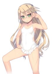  arima_senka blonde_hair casual_one-piece_swimsuit clothing_cutout female flat_chest glasses green_eyes kashiwamochi_yomogi long_hair one-piece_swimsuit original photoshop_(medium) side_cutout solo swimsuit tsurime wet white_one-piece_swimsuit 