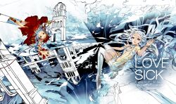  2girls bare_shoulders blue_eyes building commentary dan_evan dress english_commentary highres long_hair multiple_girls navel original photoshop_(medium) reaching red_eyes thighhighs white_hair 