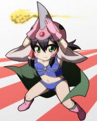  :d armor bikini_armor black_hair blush_stickers boots cape chi-chi_(dragon_ball) chi-chi_(dragon_ball)_(cosplay) cloud commentary_request cosplay dragon_ball dragon_ball_(classic) female flying_nimbus gloves green_eyes hair_tubes hakurei_reimu helmet highres jeno long_hair navel open_mouth photoshop_(medium) pink_footwear smile solo star_(symbol) touhou whorled_clouds 