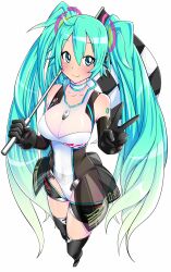  aqua_eyes aqua_hair blush breasts choker cleavage commentary elbow_gloves female gloves goodsmile_company goodsmile_racing hatsune_miku highres leotard long_hair medium_breasts miitoban race_queen racing_miku racing_miku_(2011) simple_background smile solo thighhighs twintails v very_long_hair vocaloid 