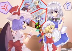  3girls ? anger_vein apron bad_id bad_nicoseiga_id blonde_hair blue_eyes blue_hair bow bowtie braid character_doll fighting flandre_scarlet grey_hair hairbow hat highres ishibashi izayoi_sakuya large_bow maid maid_headdress multiple_girls pointing red_eyes remilia_scarlet ripping short_hair siblings sisters touhou twin_braids wings wrist_cuffs 