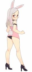  absurdres animal_ears armlet ass bare_legs blush choker commentary_request elin female full_body glasses grey_hair high_heels highres long_hair looking_back no_pants oza_watto panties rabbit_ears rabbit_tail red_eyes shoes simple_background solo tail tera_online underwear white_background 