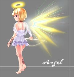  angel angel_(mamono_girl_lover) bare_back barefoot blonde_hair blue_eyes halo k20 lolicon looking_back mamono_girl_lover monster_girl monster_girl_encyclopedia wings 