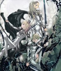  3girls armor blonde_hair bodysuit braid cape cassandra_(claymore) claymore_(series) commentary_request grey_eyes highres hysteria_(claymore) long_hair multiple_girls nyami outstretched_arm photoshop_(medium) pointy_ears profile roxanne_(claymore) short_hair sitting sword twintails weapon 