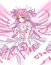  boots chinese_commentary choker commentary_request dress female gloves jianren kaname_madoka long_hair mahou_shoujo_madoka_magica mahou_shoujo_madoka_magica_(anime) own_hands_clasped own_hands_together pink_footwear pink_hair pink_wings smile solo spoilers thighhighs two_side_up ultimate_madoka white_gloves white_thighhighs wings yellow_eyes 