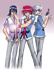  3boys adjusting_eyewear akashi_kaoru alternate_costume black_hair commentary_request genderswap_(ftm) glasses grey_hair gun handgun male_focus multiple_boys necktie nogami_aoi red_hair rule_63 sannomiya_shiho shiina_takashi standing the_children uniform weapon zettai_karen_children 