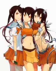  3girls alternate_costume arancia bad_id bad_pixiv_id brown_hair costume_chart francisco_valle highres long_hair midriff miniskirt multicolored_hair multiple_girls multiple_persona navel orange_eyes orange_skirt original pink_hair scarf school_uniform skirt smile thighhighs white_legwear 