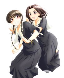  2girls arima_nana blush braid brown_eyes brown_hair commentary_request jewelry lillian_girls&#039;_academy_school_uniform long_hair long_skirt maria-sama_ga_miteru multiple_girls necklace sasaki_akira_(ugc) school_uniform serafuku shimazu_yoshino simple_background skirt twin_braids white_background 