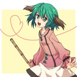  :d animal_ears bad_id bad_pixiv_id bamboo_broom broom cowboy_shot female green_eyes green_hair heart heart_of_string holding holding_broom kasodani_kyouko looking_at_viewer open_mouth outside_border pink_shirt rex_k shirt short_hair simple_background skirt smile solo touhou white_skirt yellow_background 