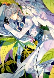  1boy blue_eyes cardcaptor_sakura feathers leaf long_hair male_focus paint.net_(medium) pants slit_pupils solo tree utagedoki very_long_hair yue_(cardcaptor_sakura) 