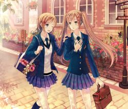  2girls america_(hetalia) anko_kinako axis_powers_hetalia bad_id bad_pixiv_id bag blonde_hair blue_eyes bug butterfly genderswap_(mtf) green_eyes hair_ornament hairclip multiple_girls necktie one_eye_closed photoshop_(medium) rule_63 school_uniform twintails united_kingdom_(hetalia) world_w_academy_school_uniform 