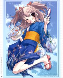  absurdres bag bagged_fish blue_kimono brown_eyes brown_hair feet female fish goldfish_scooping highres ito_noizi japanese_clothes kimono komorebi_ni_yureru_tamashii_no_koe kouenji_ayana one_eye_closed poi_(goldfish_scoop) sandals scan solo twintails two_side_up 