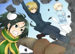  3girls animal_ears belt black_hair blonde_hair blue_eyes boots brave_witches breaking clenched_teeth closed_eyes commentary_request dog_ears dog_girl jumping kanno_naoe kicking michigan military military_uniform multiple_girls nikka_edvardine_katajainen own_hands_together pantyhose punching rock scarf short_hair smile sweater tail teeth uniform waltrud_krupinski weasel_ears weasel_girl weasel_tail white_legwear world_witches_series 