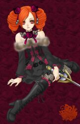  amy_sorel bare_shoulders boots dress drill_hair female fishnet_legwear fishnet_stockings fishnets gothic_lolita lace legwear lolita_fashion rapier red_hair short_twintails solo soul_calibur soulcalibur_iv stockings sword thighhighs twintails weapon xuexue_yue_hua 