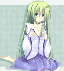  bad_id bad_pixiv_id barefoot blush breasts detached_sleeves female frog green_eyes green_hair hair_ornament hair_tubes kochiya_sanae long_hair medium_breasts mizuki_hau open_mouth photoshop_(medium) sitting skirt snake solo touhou 