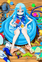  ball barefoot beachball blue_choker blue_eyes blue_hair brooch choker coffret_(heartcatch_precure!) commentary_request cure_marine electric_fan feet female heart heart_brooch heartcatch_precure! hose jewelry kurumi_erika long_hair magical_girl mahkn photoshop_(medium) precure rubber_duck rubik&#039;s_cube shoes solo unworn_shoes wading_pool water_gun 