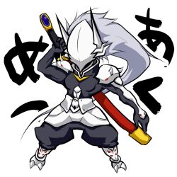  1boy armor blazblue bodysuit boots chibi commentary_request danna_max full_body grey_hair hakumen long_hair male_focus mask solo sword weapon 