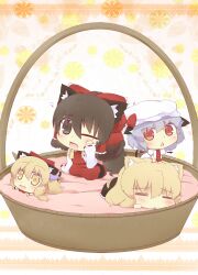  4girls :&lt; =_= all_fours animal_ears ascot basket black_hair blonde_hair blue_hair blush bow brown_eyes cat_ears cat_tail chibi closed_eyes commentary_request detached_sleeves hair_tubes hairbow hakurei_reimu hat hazuki_ruu heart highres horns ibuki_suika in_basket kemonomimi_mode kirisame_marisa long_hair lying mini_person minigirl multiple_girls neko_nabe no_headwear oerba_yun_fang on_stomach open_mouth red_eyes remilia_scarlet rubbing_eyes tail touhou yellow_eyes 