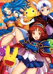  1boy 2girls :d arle_nadja armband armor armored_dress blue_eyes blue_hair blue_headband blue_skirt bracer breasts brown_eyes brown_hair cape carbuncle_(puyopuyo) commentary_request headband kara_(color) madou_monogatari medium_breasts multiple_girls oerba_yun_fang open_mouth panties puyo_(puyopuyo) puyopuyo rulue_(puyopuyo) schezo_wegey side_slit skirt smile sword underwear waku_waku_puyo_dungeon weapon white_hair white_panties 